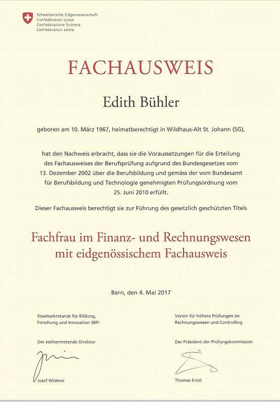 Fachausweis Edith Bühler Fachfrau Finanz- & Rechnungswesen